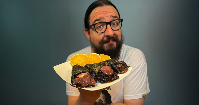 Braian provando alimentos em close, com legenda irônica
