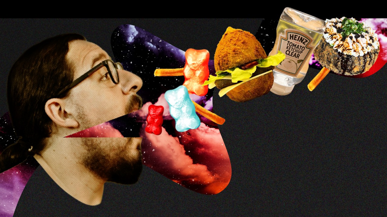 Braian Rizzo de perfil com uma cascata de comidas — ursinhos de goma, coxinha, ketchup e sushi — saindo da boca por uma galáxia